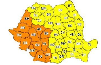 ANM. 39 de judeţe şi Capitala vor fi sub Cod portocaliu de vijelii puternice şi grindină