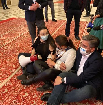 Protest în Parlament în timpul votului de învestire a Guvernului Ciucă. Protestatarii se țin de braț, așezați pe jos – FOTO