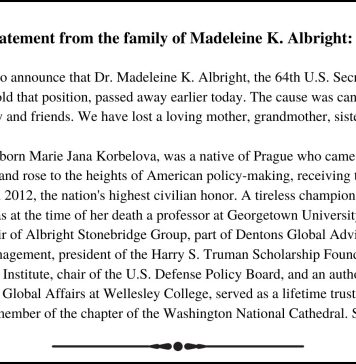 A murit Madeleine Albright, prima femeie secretar de stat al SUA