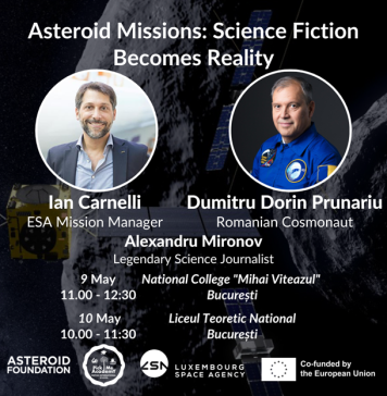 Cosmonautul Dorin Prunariu și Project Managerul ESA Ian Carnelli explică elevilor din București cum ne apărăm de asteroizi