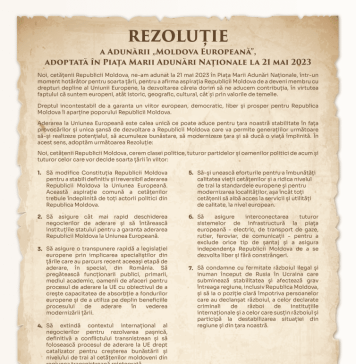 Ce prevede Rezoluția Adunării „Moldova Europeană”, adoptată în Piața Marii Adunări Naționale la 21 mai 2023