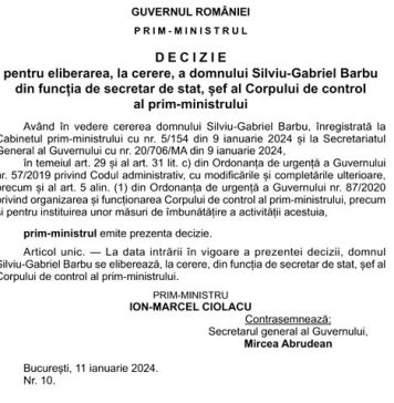 Decizia de eliberare din funcție a lui Silviu-Gabriel Barbu, șeful Corpului de Control al premierului, a fost publicată în Monitorul Oficial