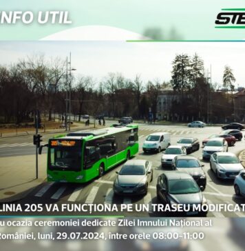 În Ziua Imnului Național, linia 205 va funcționa temporar pe traseu modificat