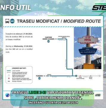 Începând de miercuri, traseul liniei 343 va fi scurtat pe sensul spre „Cartier Henri Coandă”