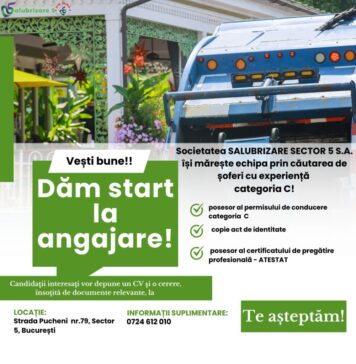 SALUBRIZARE SECTOR 5 S.A. își mărește echipa și caută șoferi cu experiență categoria C!