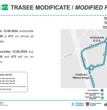 Stația „Ambasada SUA”, aferentă liniilor 301, 450 și 473, va fi suspendată începând de joi. Stația „Institutul Meteorologic” – reamplasată