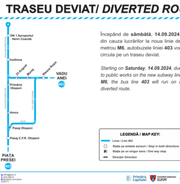 Linia 403 deviată spre „Vadu Anei” din cauza lucrărilor la Magistrala M6