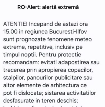ULTIMA ORĂ/ A fost emis un mesaj RO-ALERT în București și Ilfov din cauza fenomenelor meteo extreme