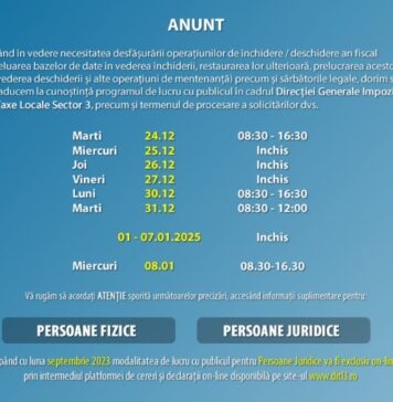 Achită din timp impozitele şi taxele locale! Programul DGITL Sector 3 în perioada 24 decembrie-7 ianuarie