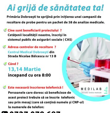 Primăria Dobroești anunță o nouă campanie de recoltare de probe