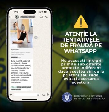 DNSC atenționează asupra unei noi tentative de fraudă pe WhatsApp: ”Bună! Vă rog să o votați pe Adeline în acest sondaj…”