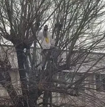 Manifestaţie în faţa Arestului Central pentru eliberarea lui Bogdan Peşchir; „Stegarul Dac” s-a căţărat într-un copac din faţa instituţiei