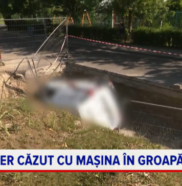 București: mașină de serviciu, „înghițită” de o groapă de 4 metri! Șoferul nu a mai putut evita impactul