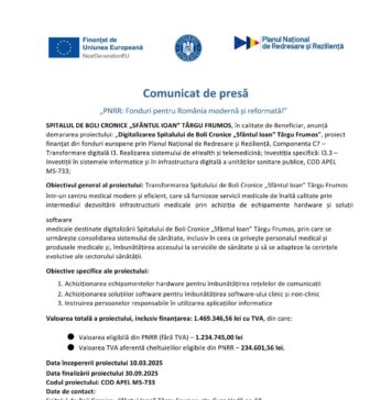 Lansare Proiect: „Digitalizarea Spitalului de Boli Cronice „Sfântul Ioan” Târgu Frumos”