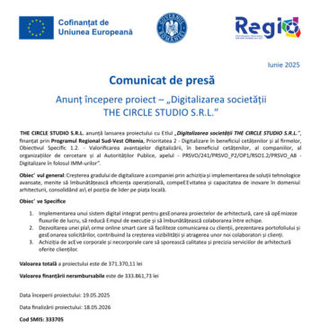 Comunicat de Presă privind lansarea proiectului „Digitalizarea societății THE CIRCLE STUDIO S.R.L.”