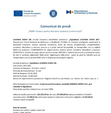 Comunicat de presă privind începerea proiectului „Digitalizare LEGENDA VERDE SRL”