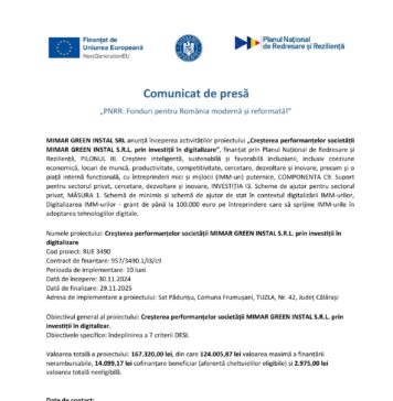 Comunicat de presă privind începerea proiectului „Creșterea performanțelor societății MIMAR GREEN INSTAL S.R.L. prin investiții în digitalizare”