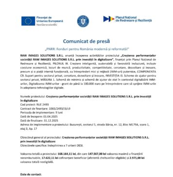 Comunicat de presă privind începerea proiectului „Creșterea performanțelor societății RAW IMAGES SOLUTIONS S.R.L. prin investiții în digitalizare”