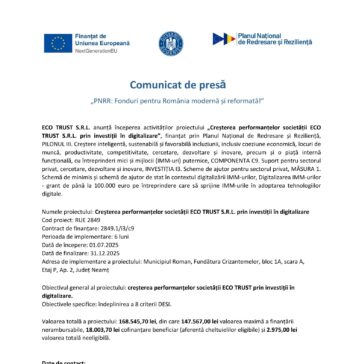 Comunicat de presă privind începerea proiectului „Creșterea performanțelor societății ECO TRUST S.R.L. prin investiții în digitalizare”