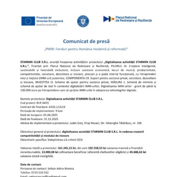 Comunicat de presă privind începerea proiectului ”Digitalizarea activității STARMIN CLUB S.R.L”.