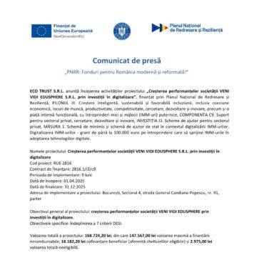 Comunicat de presă privind începerea proiectului „Creșterea performanțelor societății VENI VIDI EDUSPHERE S.R.L. prin investiții în digitalizare”