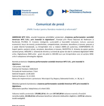 Comunicat de presă privind începerea proiectului „Creșterea performanțelor societății American WTC S.R.L. prin investiții în digitalizare”