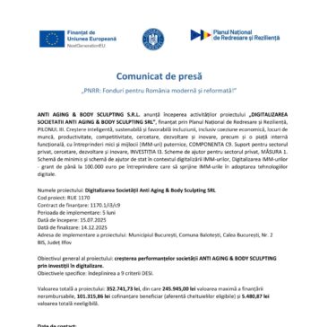 Comunicat de presă privind începerea proiectului „DIGITALIZAREA SOCIETATII ANTI AGING & BODY SCULPTING SRL”