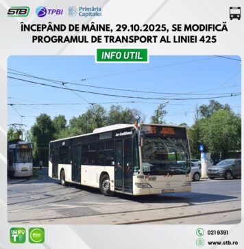 Începând de mâine, 29 octombrie, se modifică programul de transport al liniei 425