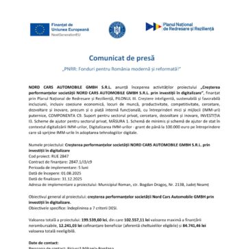 Comunicat de Presă privind începerea proiectului „Creșterea performanțelor societății NORD CARS AUTOMOBILE GMBH S.R.L. prin investiții în digitalizare” Creșterea performanțelor societății NORD CARS AUTOMOBILE GMBH S.R.L. prin investiții în digitalizare
