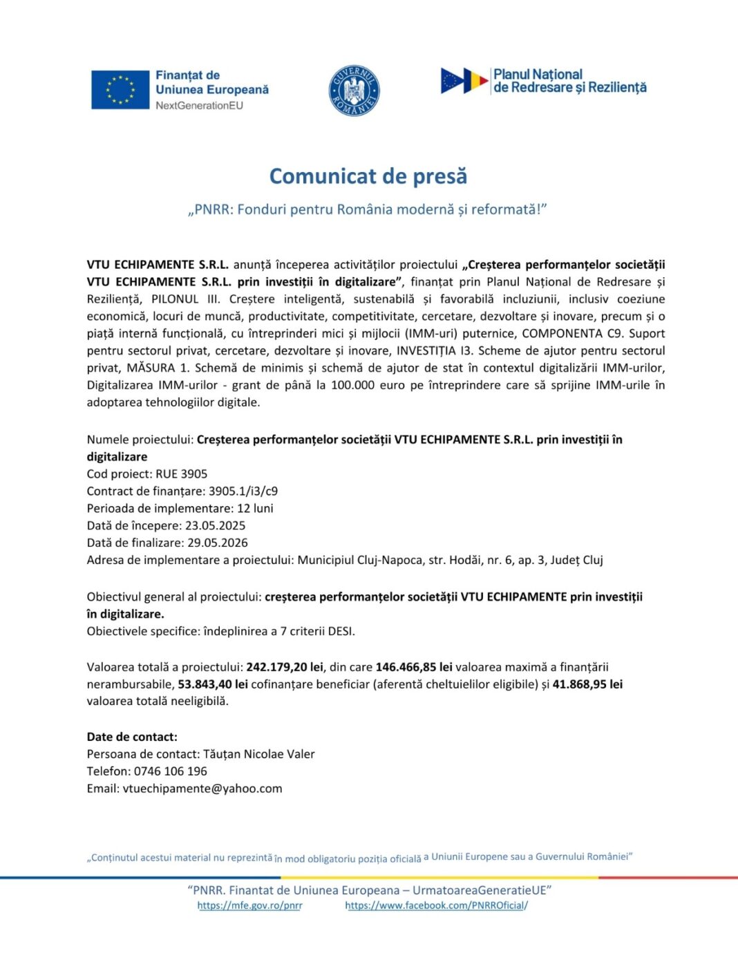 Creșterea performanțelor societății VTU ECHIPAMENTE S.R.L. prin investiții în digitalizare