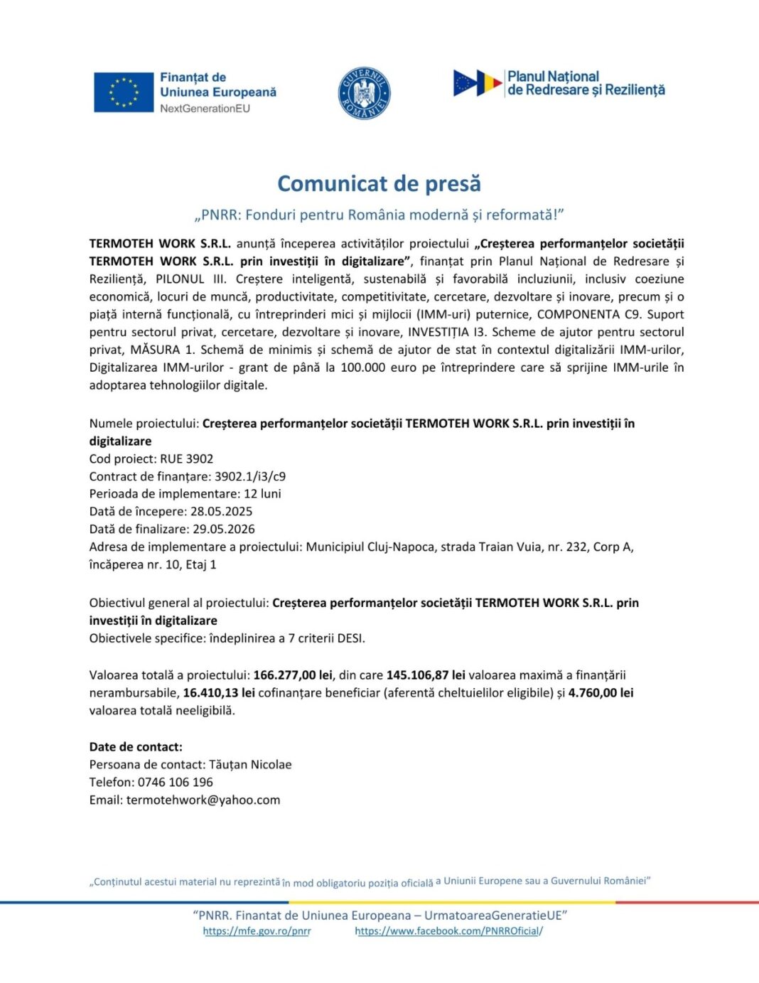 „Creșterea performanțelor societății TERMOTEH WORK S.R.L. prin investiții în digitalizare”